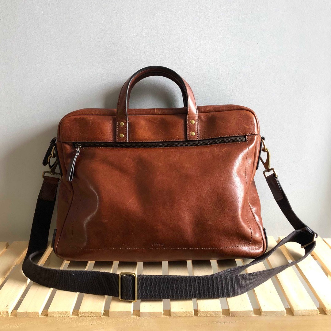 Fossil Haskell Double Zipper Cognac Leather Workbag / Messenger Bag Briefcase (Visvim, Coach