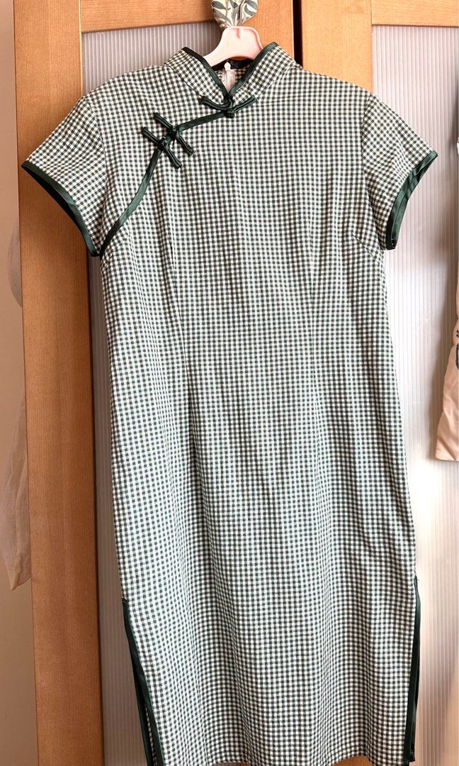 Golden scissors cheongsam green Checkered Dress Women s Fashion