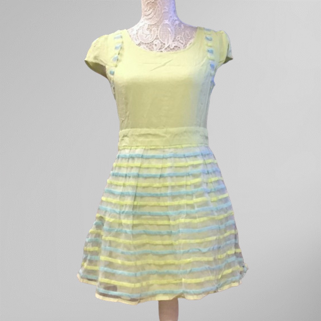 green yellow mini dress pastel blue stripe layered, Women's Fashion
