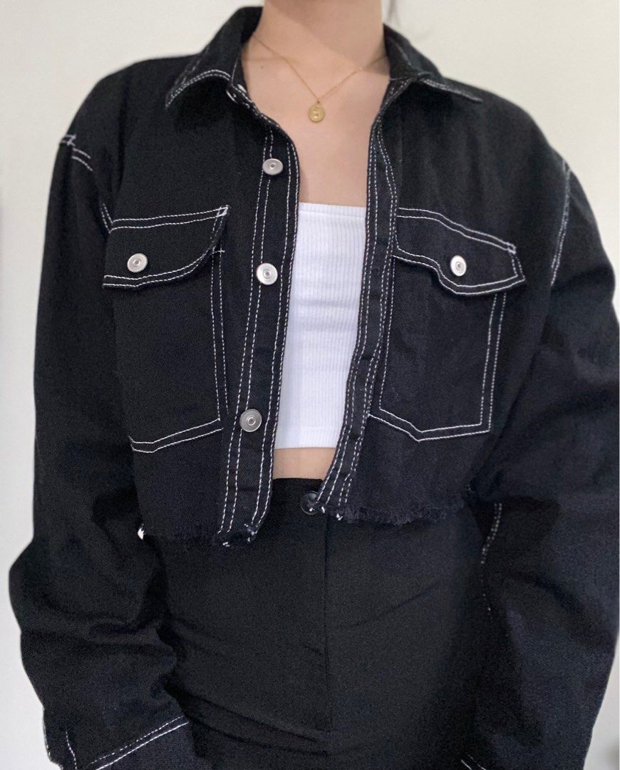 H M Denim Jacket Blue with White Stitching Women s Fashion