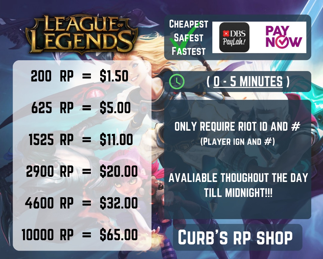 LEAGUE OF LEGENDS RP TOPTUP/TFT RP TOPUP CHEAP AND FAST, Video Gaming, Gaming Accessories, In