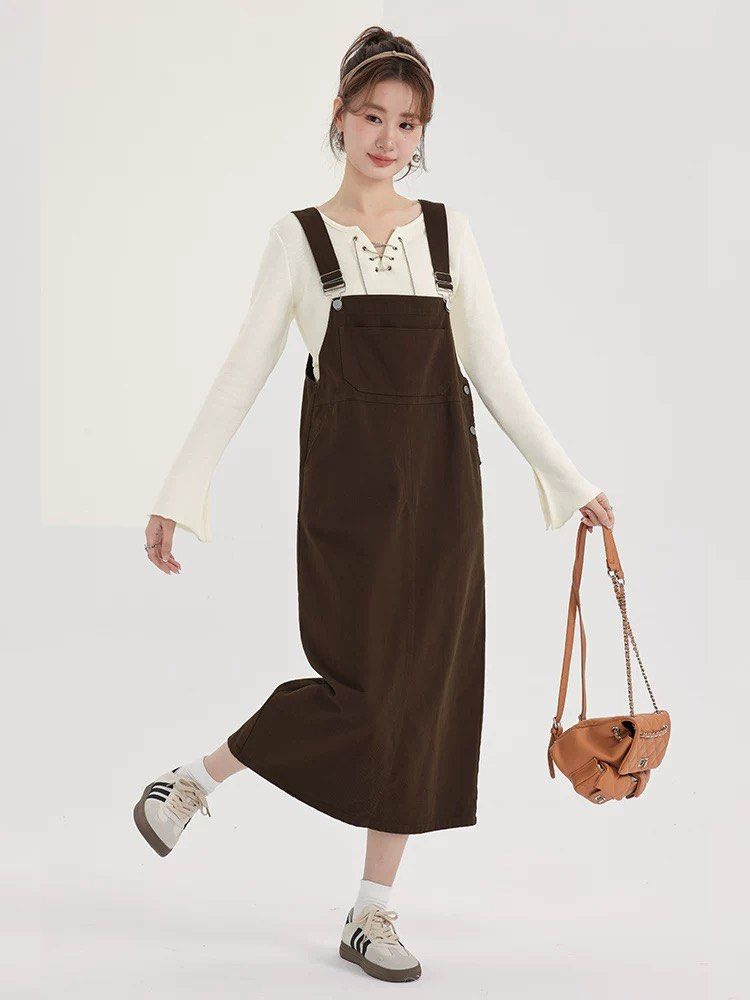 brown dress overalls Golden Brown Overall Dress Set