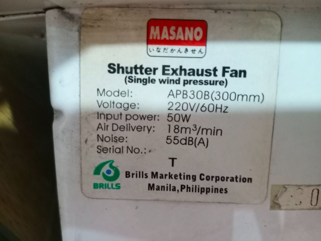 MASANO EXHAUST FAN (PRE-LOVED) (Category: Fans) located in Quezon City. Submitted by bigbluecheese (Listing ID 1270538019, Image 1). Description: MASANO EXHAUST FAN (PRE-LOVED) . Case: 15 in x 15 in Fan blade: around 11.5 in diameter Model: APB30B Voltage: 220V / 60Hz Very seldom used. Price: P1500 RFS: Decluttering Buyer shoulders shipping and handling fee. Location: Congressional Avenue, Quezon City MOP: GCash / BDO / BPI.