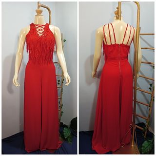 Red Jumpsuit Fringe Trim Halter Sleeveless Wide Leg Pants Jumpsuit Red Valentine's Day Date Formal Casual Wear