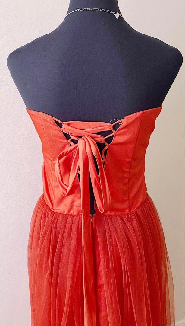 strapless open back dress Tina Holly Couture TE001 Rust Orange Satin Lace Up Back Formal Dress main image 1