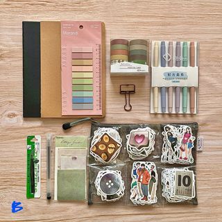 [SALE] Set B - take all stationery: notebooks, sticky note annotating tabs, washi tapes, highlighters, tweezer, aesthetic stickers, journaling set, mesh pouch