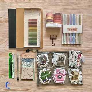 [SALE] Set C - take all stationery: notebooks, sticky note annotating tabs, washi tapes, highlighters, tweezer, aesthetic stickers, journaling set, mesh pouch
