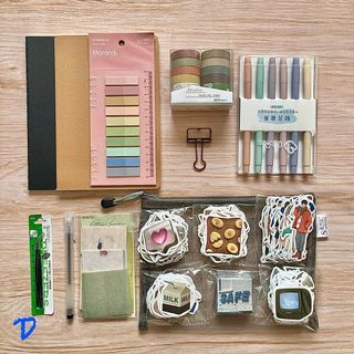 [SALE] Set D - take all stationery: notebooks, sticky note annotating tabs, washi tapes, highlighters, tweezer, aesthetic stickers, journaling set, mesh pouch