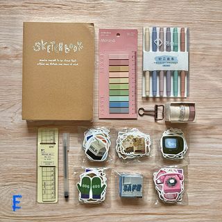 Set E - take all stationery: sketchbook, washi tapes, highlighters, aesthetic stickers, ruler