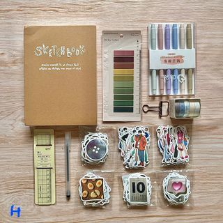Set H - take all stationery: sketchbook, washi tapes, highlighters, aesthetic stickers, ruler