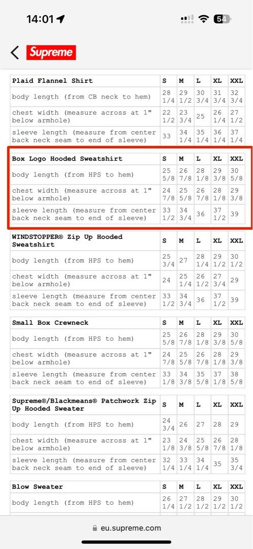 Supreme box logo shop hoodie size chart