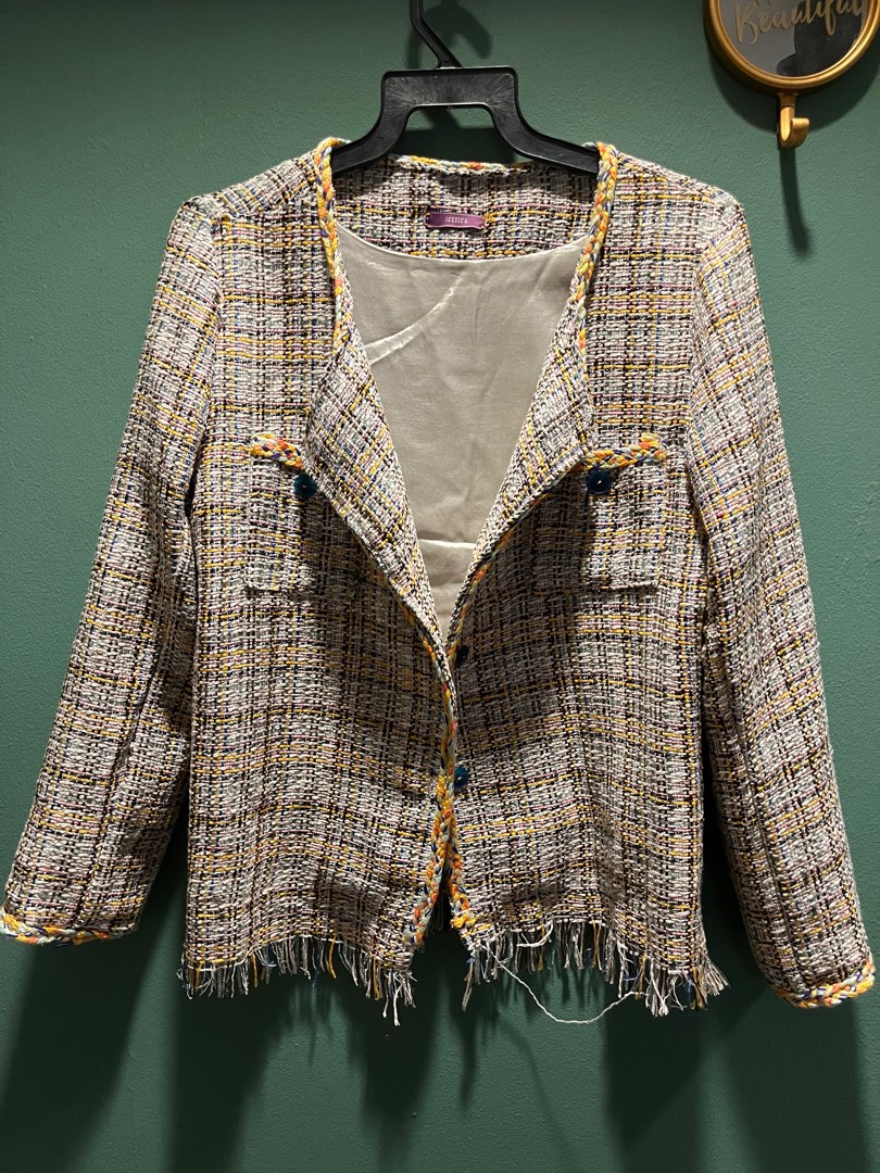 Tweed jacket lovely pink, yellow and blue mix, Women's Fashion, Coats