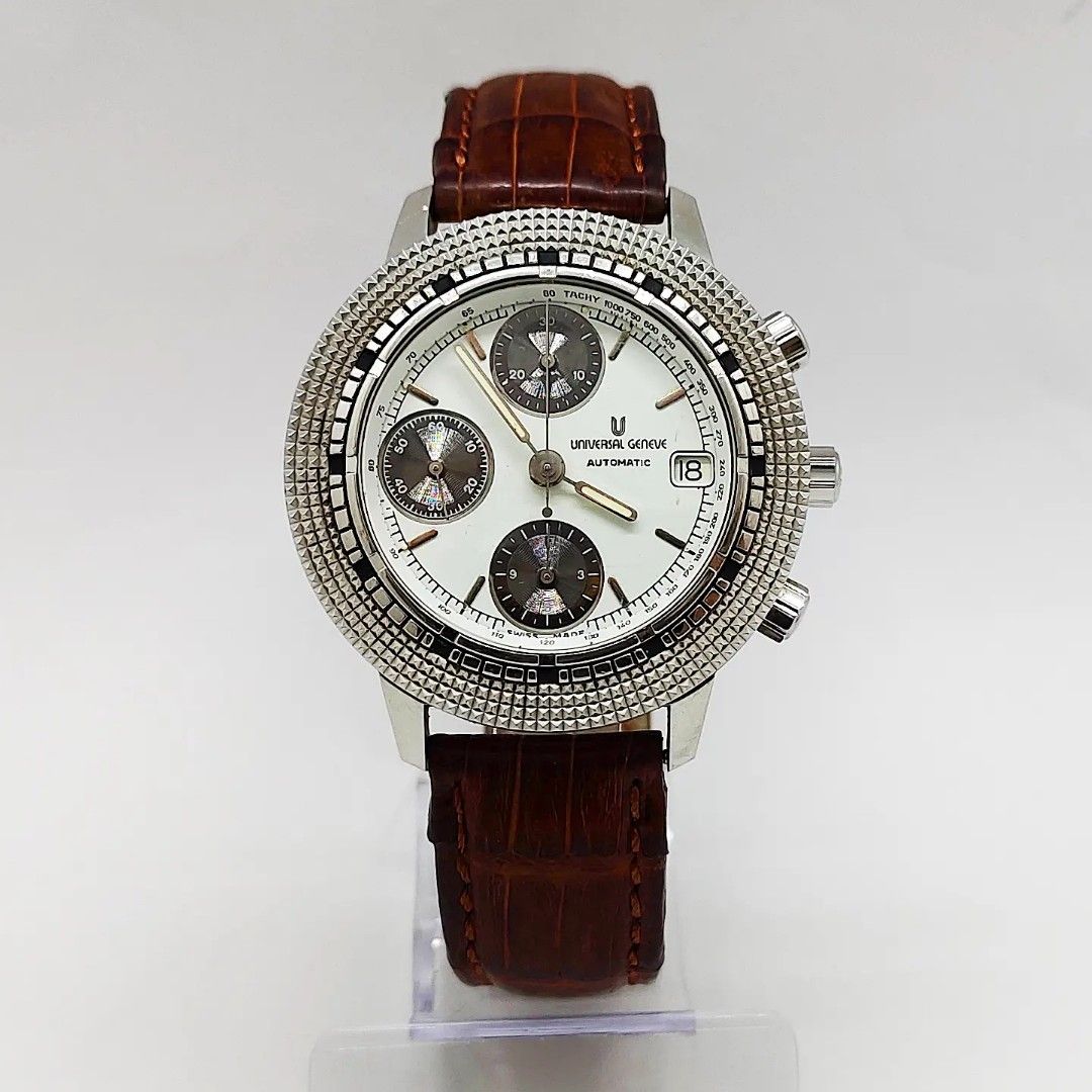 Universal Geneve Compax (Category: Luxury Watches) located in Manila. Submitted by ab.authentic.collection (Listing ID 1270612383, Image 2). Description: Available for Sale Universal Geneve Compax - Ref. 104.42.980 - Cal. UG 98 (Val.7750) - 39mm in diameter - Automatic; Keeps good time - Hobnail Bezel - Sapphire Crystal - Original Universal Geneve Buckle - Aftermarket leather strap - With free travel leather pouch included - Unit only Open for Me