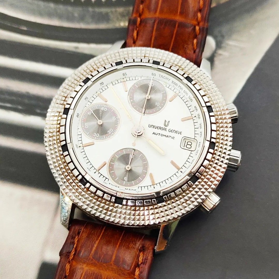 Universal Geneve Compax (Category: Luxury Watches) located in Manila. Submitted by ab.authentic.collection (Listing ID 1270612383, Image 1). Description: Available for Sale Universal Geneve Compax - Ref. 104.42.980 - Cal. UG 98 (Val.7750) - 39mm in diameter - Automatic; Keeps good time - Hobnail Bezel - Sapphire Crystal - Original Universal Geneve Buckle - Aftermarket leather strap - With free travel leather pouch included - Unit only Open for Me