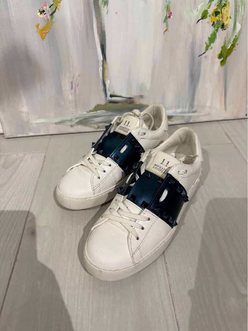 Valentino Rockstud Sneaker in Metallic Blue, Women's Fashion