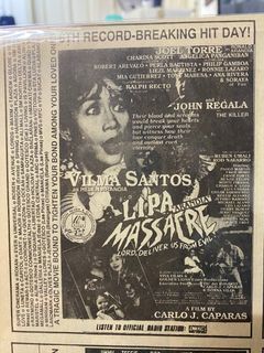 Vilma Santos / John Regala in Lipa “Arandia” Massacre - Tagalog Filipino Old Newspaper Clip Cut Outside OPM Filipino Cinema Movie House Poster Wall Print Decor Ad