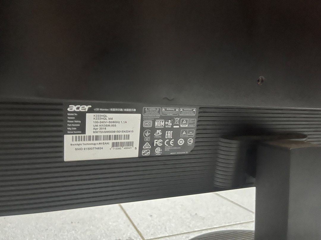 Acer monitor K222HQL, Computers & Tech, Parts & Accessories, Monitor ...