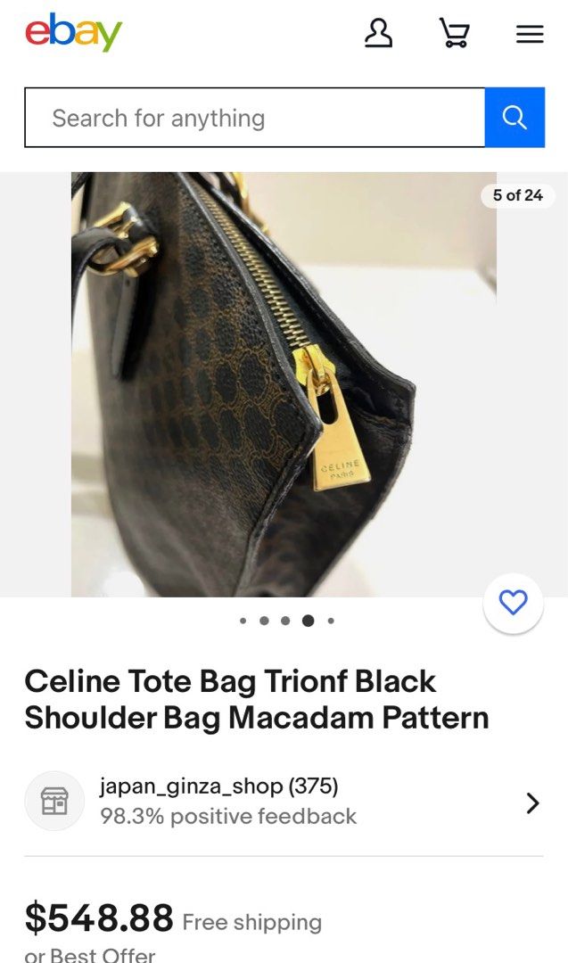 Authentic Celine Paris (Category: Luxury Bags & Wallets) located in Manila. Submitted by toogood2bethrew (Listing ID 1270680331, Image 2). Description: Authentic Celine Tote Bag Trionf Black Shoulder bag Macadam Pattern. Well used and some signs of usage..