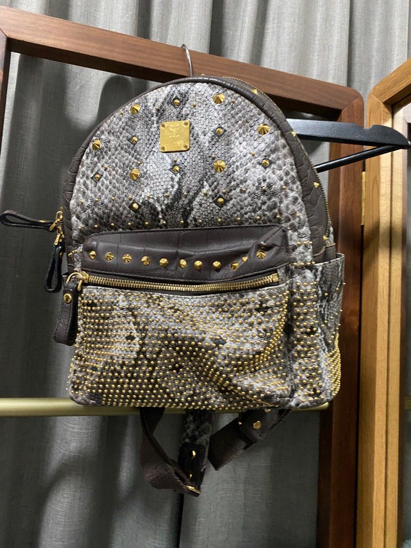 Authentic MCM Grey Leather Backpack With Gold Studs Women s