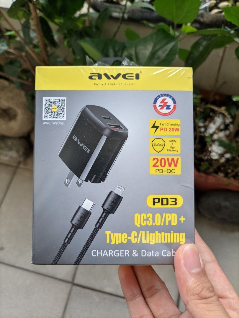 Awei PD 20W Fast Charger (Category: Chargers) located in Manila. Submitted by ryuthrifty (Listing ID 1270718970, Image 1). Description: Sealed Brand New 20W Usb and PD Wire and Brick included Color: Black.