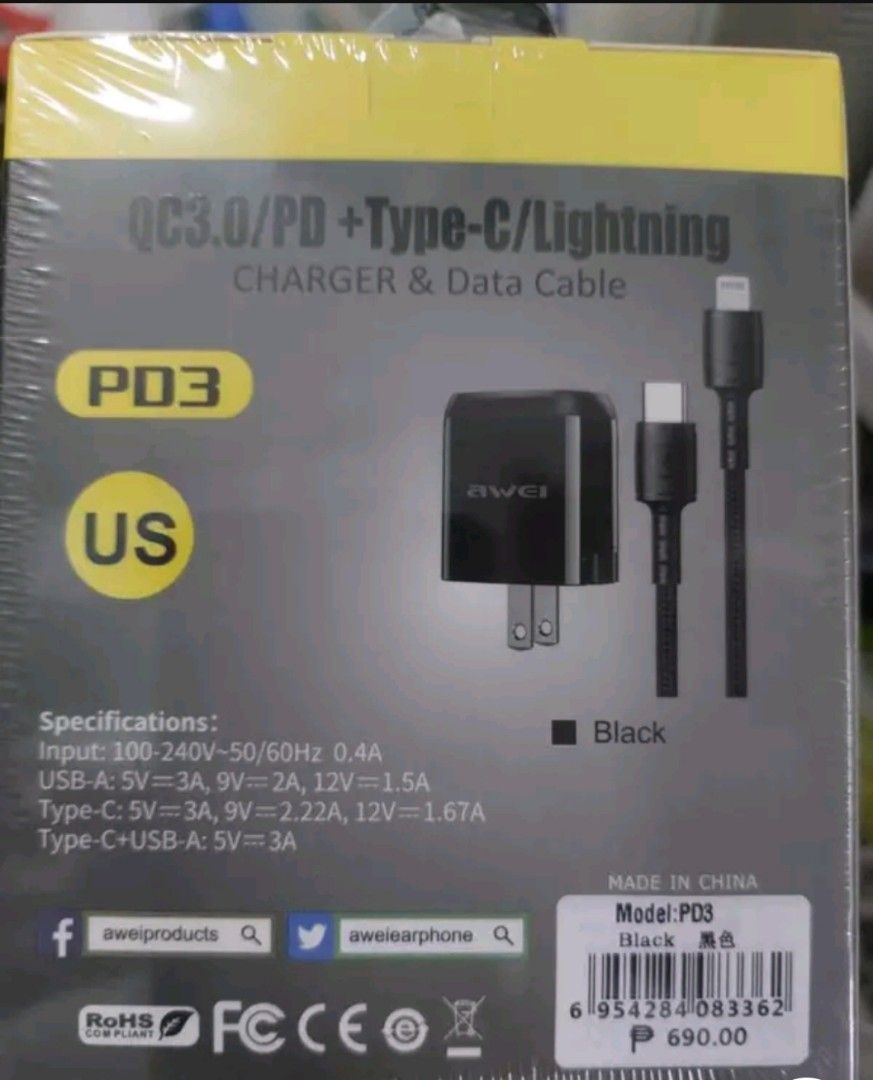 Awei PD 20W Fast Charger (Category: Chargers) located in Manila. Submitted by ryuthrifty (Listing ID 1270718970, Image 2). Description: Sealed Brand New 20W Usb and PD Wire and Brick included Color: Black.