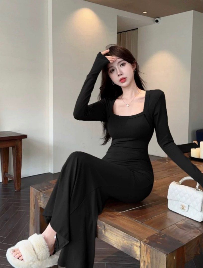 Long sleeve long dress black clearance