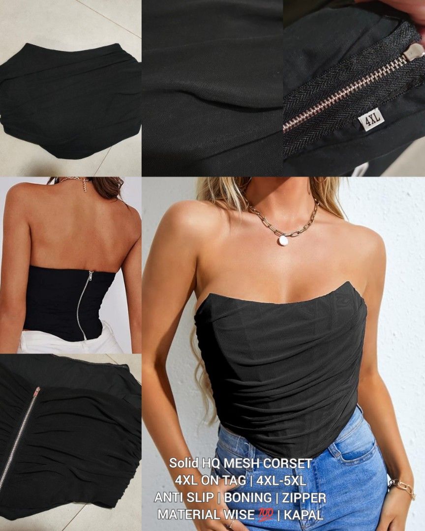 Black Mesh Boned Corset For Plus Size (4Xl-5XL), Women's Fashion