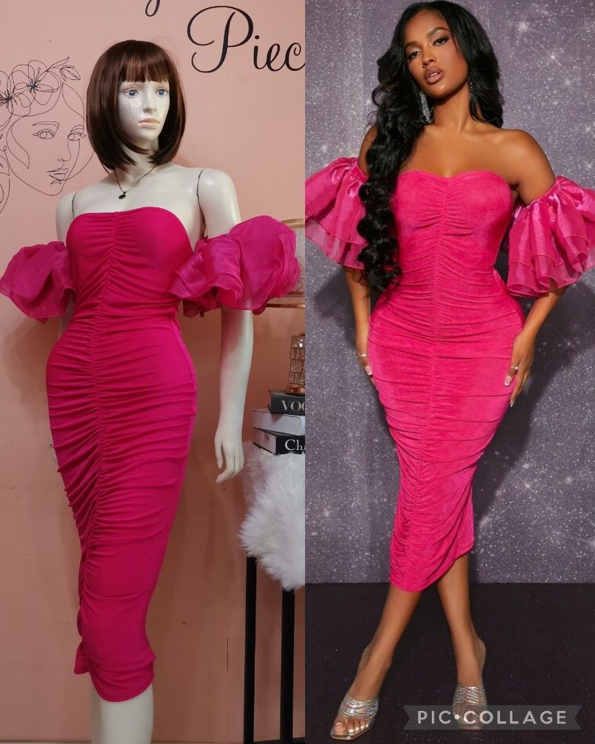 Bnew Hot Pink Sexy Tube Midi Bodycon Dress with detachable sleeves