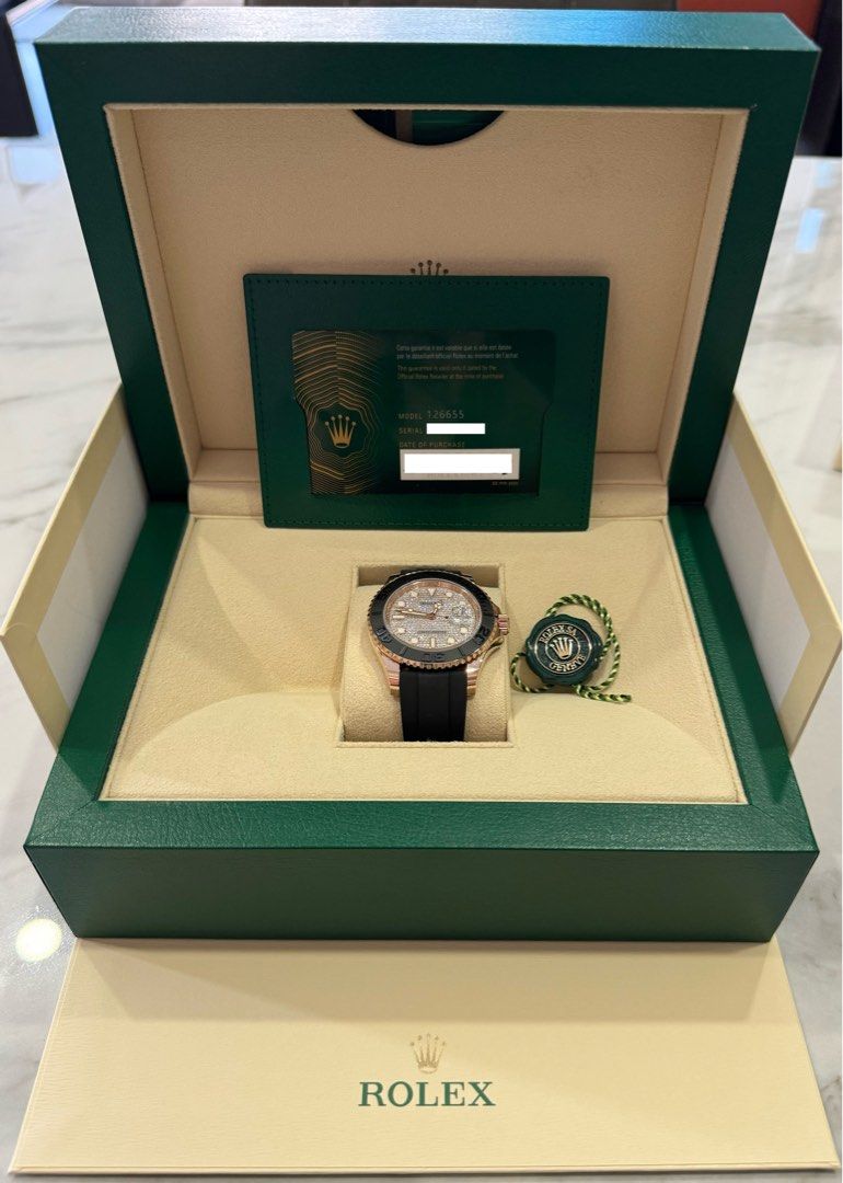 BNIB Unwore Rolex 126655 Yacht Master Rose Gold 40mm Pave Diamond Protection Film With Receipt (Category: Watches) located in Singapore. Submitted by serene999 (Listing ID 1270638461, Image 2). Description: - BNIB - Unwore - Discontinued Piece - Super Rare Piece In Market - Fabulous Beautiful Piece - Rolex 126655 - Yacht Master - Pave Diamond Dial - 40mm - Rose Gold - Dated End November 2023 - Full set with beige box, green tag, warranty card, co