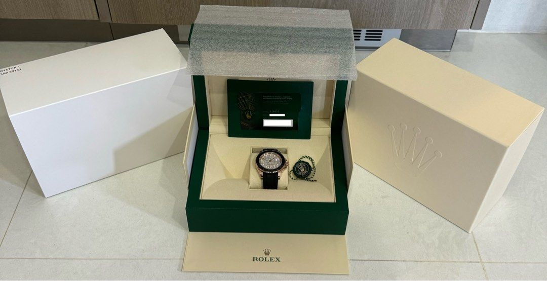 BNIB Unwore Rolex 126655 Yacht Master Rose Gold 40mm Pave Diamond Protection Film With Receipt (Category: Watches) located in Singapore. Submitted by serene999 (Listing ID 1270638461, Image 3). Description: - BNIB - Unwore - Discontinued Piece - Super Rare Piece In Market - Fabulous Beautiful Piece - Rolex 126655 - Yacht Master - Pave Diamond Dial - 40mm - Rose Gold - Dated End November 2023 - Full set with beige box, green tag, warranty card, co