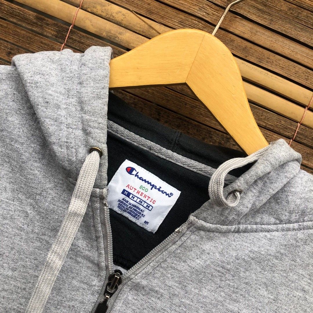 Champion Gray Zipper Hoodie, Fesyen Pria, Pakaian Baju Luaran di