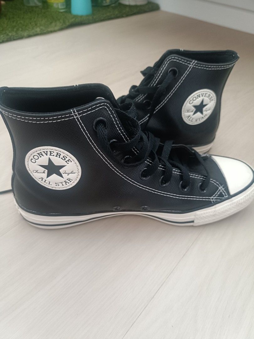 Converse black leather sale high tops slim