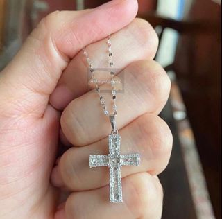 DIAMOND CROSS NECKLACE - With Certificate, 0.50 carat, 1.40 grams, 19.6mm, 24.7mm (Including bail), 18”, K18 White Gold, Japan Setting, Natural Earth-Mined Diamonds