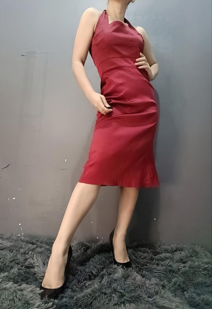DONNA RICCO Vintage Silk Satin Maroon Plum Red Halter Selftie Open