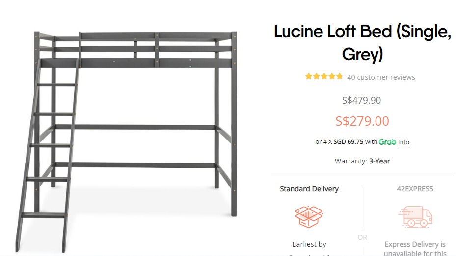 FortyTwo Lucern Loft Bed (Single, Grey), Furniture & Home Living