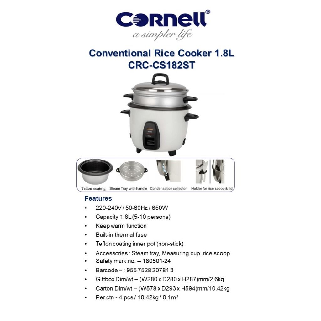 [FREE DELIVERY] Cornell Rice Cooker with Food Steamer Tray, TV & Home ...