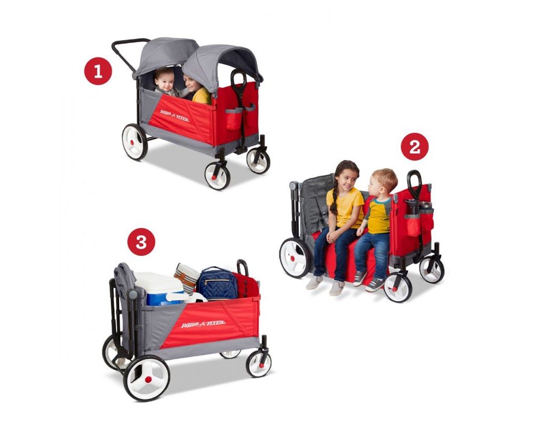 [FREE DELIVERY] Kids Wagon with Canopies (Category: Strollers) located in Singapore. Submitted by littlebabybernice (Listing ID 1270821720, Image 2). Description: Choose your adventure: push or pull One hand fold; folds flat for easy storage 5 point safety harnesses and rear brake Two adjustable UV protection canopies Front caster wheels for nimble steering and large, 12” easy push rear wheels Suitable for toddlers and kids 1 year and older Able 