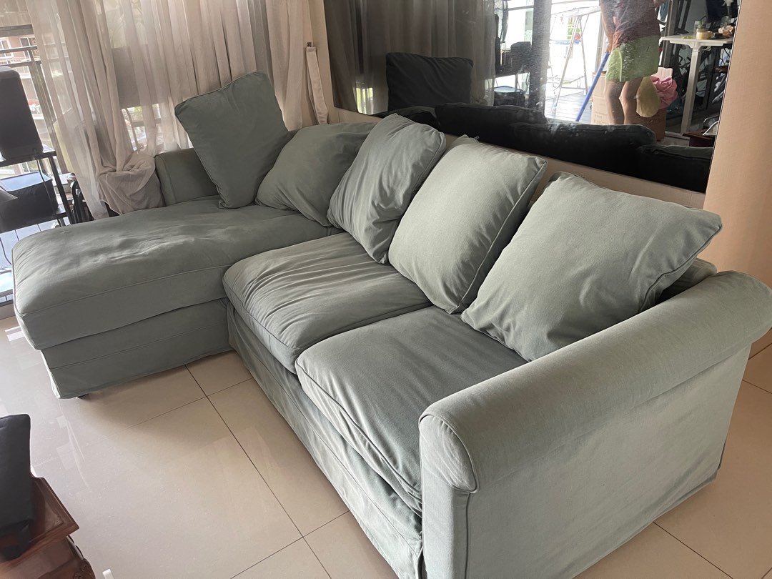 Gronlid Light Green IKEA 3 Seat Sofa With Chaise Longue, Furniture