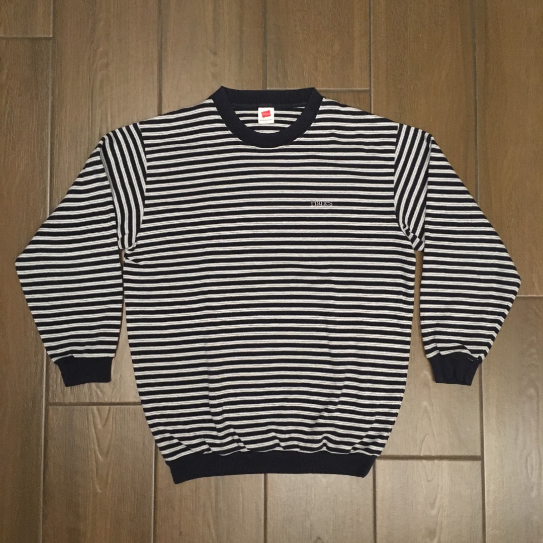 HANES Vintage Stripe Long Sleeve Sweater Navy White Grey L