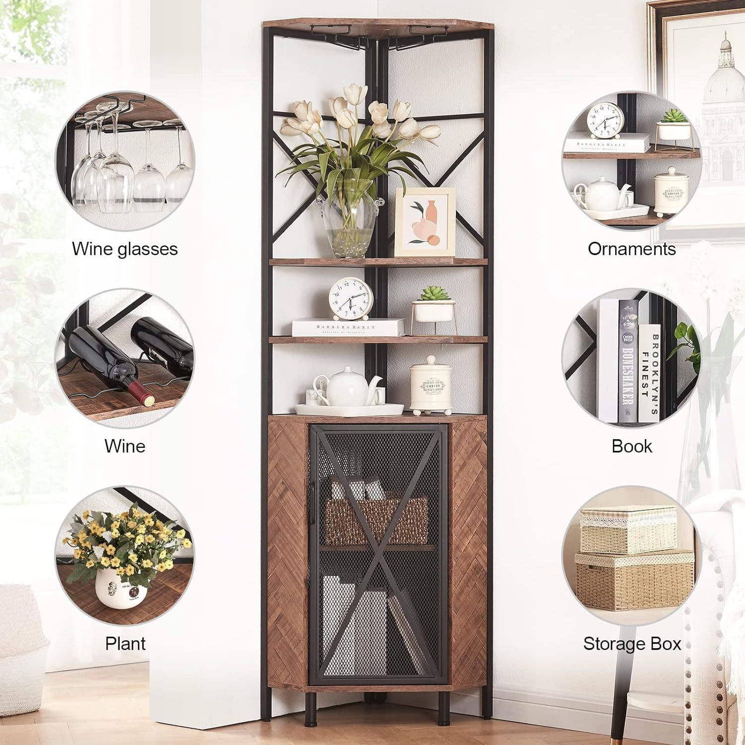 HOMISSUE Corner Shelf 5-Tier with Storage, Tall Corner Cabinet, Rustic ...