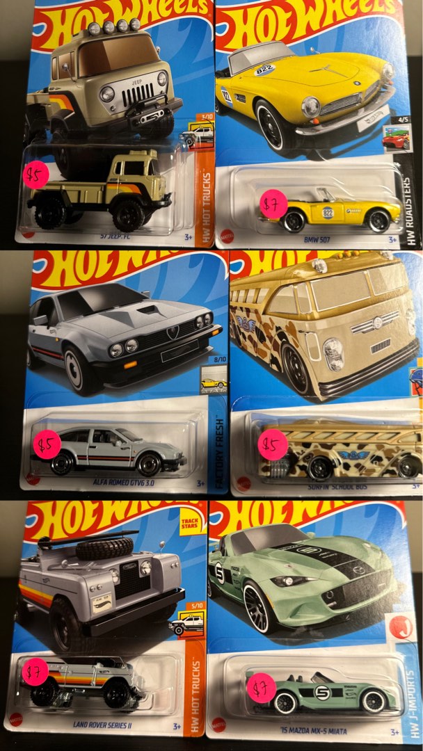 Hot Wheels Miata, Land Rover, Alpha Romeo, Surfin School bus, Jeep, BMW ...