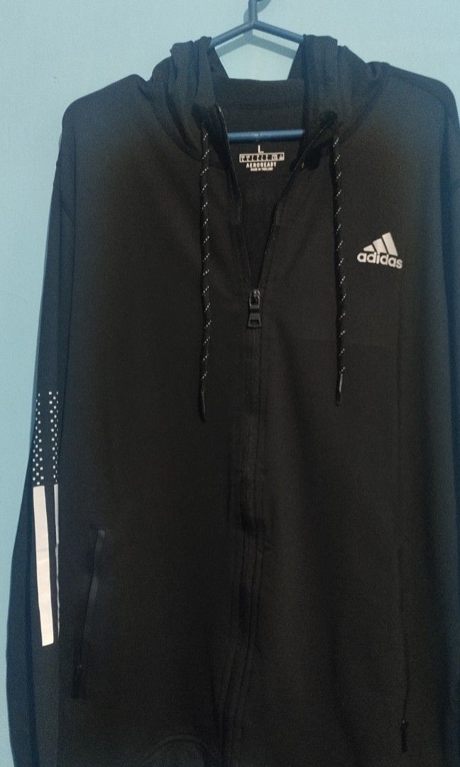 Jacket adidas unisex kupluk 3 stripes reflektif hitam Fesyen Pria