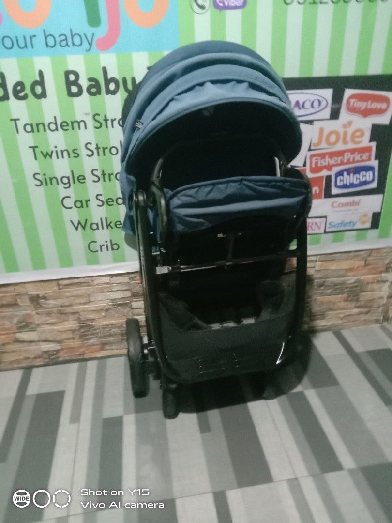 Joie brand tandem stroller (Category: Strollers) located in Caloocan City. Submitted by Unicoijo02 (Listing ID 1270773625, Image 3). Description: BrandJoie(ジョイー) Color-blue Material Frame: Aluminum, Steel; Fabric: Polyester; Filling: Polypropylene; Resin: Polypropylene; Nylon; Front Bar: Polypropylene; Microfiber; Wheel: Polypropylene; Tire Rubber: EVA; Rain Cover: PVCFrame: Aluminum, Steel; Fabric: Polyester; Filling: Polypropylene; Resin: Polyp