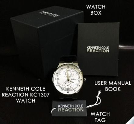 Kenneth Cole Reaction KC1307 Multifunction Stainless Steel Black Leather Strap Watch