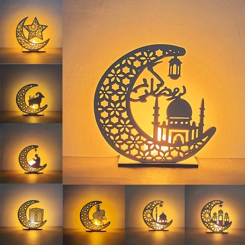 2024 Ramadan Led Decoration, Muslim Led Moon Wooden Ornament