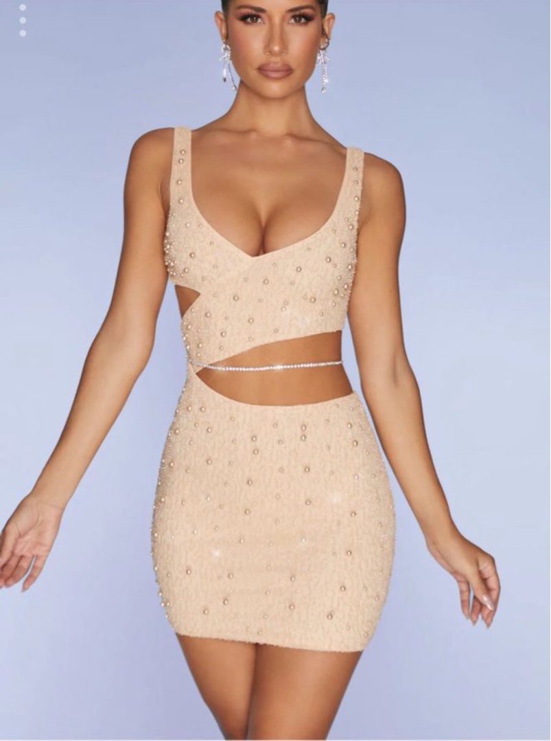 Oh Polly Embellished Cut Out mini dress in Sand, Women's Fashion
