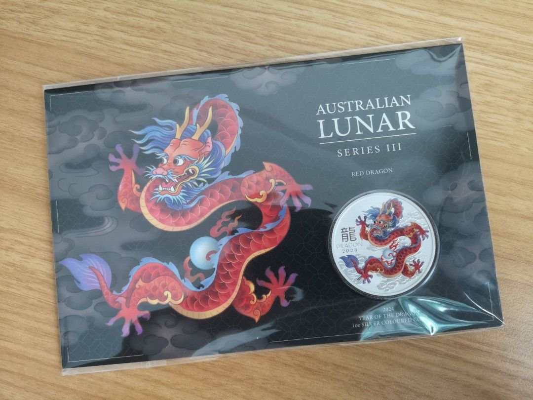 Perth Mint - Year of Dragon 2024 (Red Dragon) 1 oz Silver (Category: Vintage Collectibles) located in Singapore. Submitted by bullionex (Listing ID 1270801990, Image 1). Description: Perth Mint - Year of Dragon 2024 (Red Dragon) 1 oz Silver Specification:- - Content: 99.99% pure silver - Brand: Perth Mint Australia - Special 'P125' anniversary mint mark - Maximum mintage: 200,000 - In card.