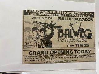 PHILLIP SALVADOR AS BALWEG THE REBEL PRIEST - Tagalog Filipino Old Newspaper Clip Cut Outside OPM Filipino Cinema Movie House Poster Wall Print Decor Ad