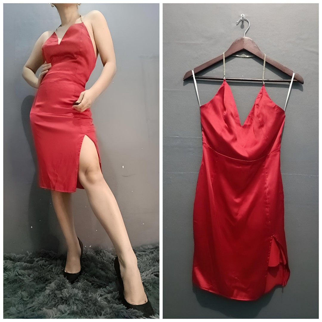 Sexy Glossy Shining Shimmering Stones Red Silk Satin Plunging Neckline Open Back Cocktail 3268