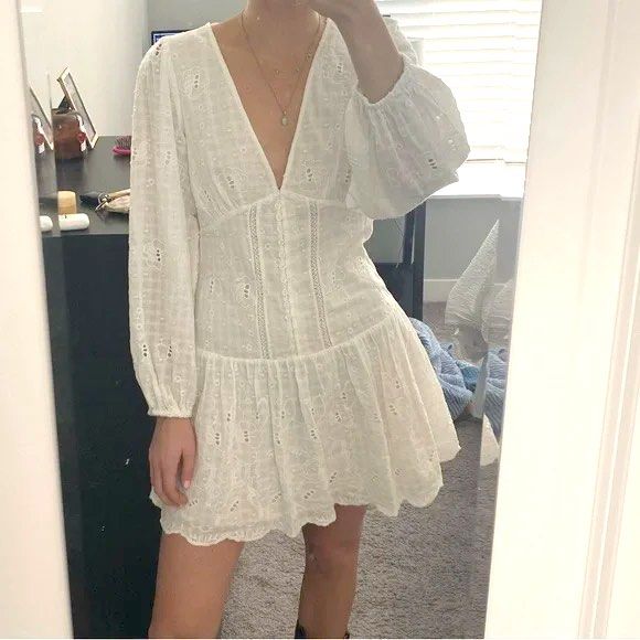 ZARA white eyelet lace plunging neckline puffed longsleeves dropwaist dress,  Women's Fashion, Dresses & Sets, Dresses on Carousell